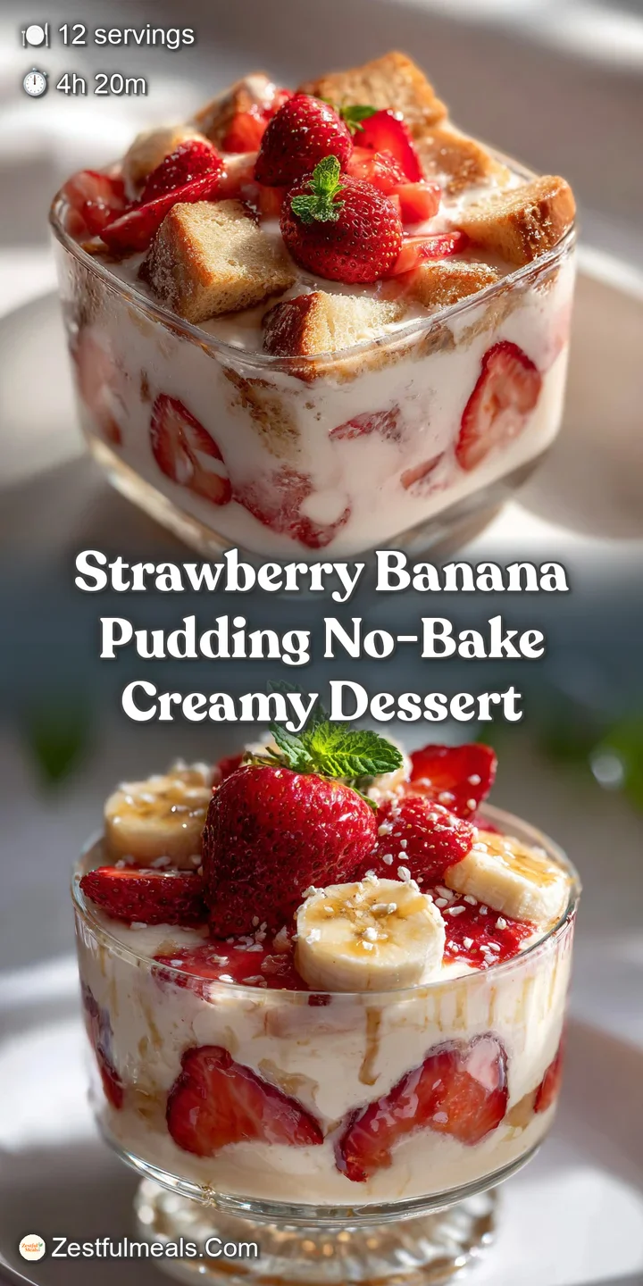 Close-up of a no-bake pudding: Sliced ripe red strawberries nestled in a lush, creamy custard with soft banana pieces visi...