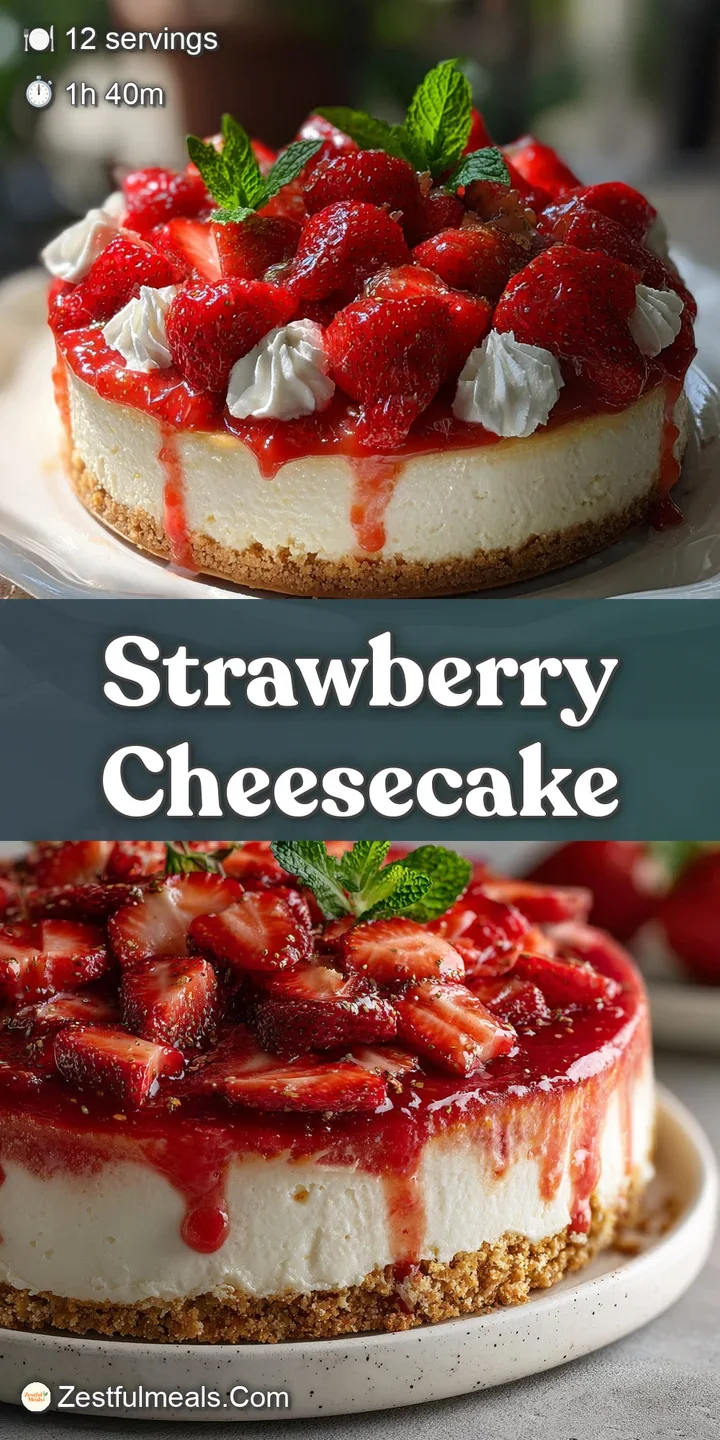 Close-up of a silky, smooth cheesecake filling studded with juicy red strawberry pieces; tempting and fresh.