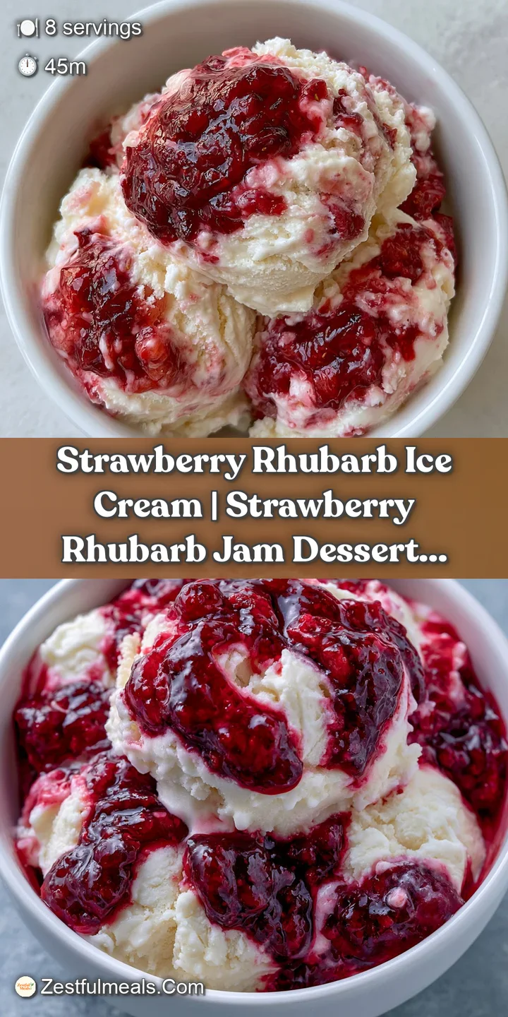 Close-up of a silver scoop carving into smooth, pale pink cream with visible ribbons of tart red rhubarb fruit.