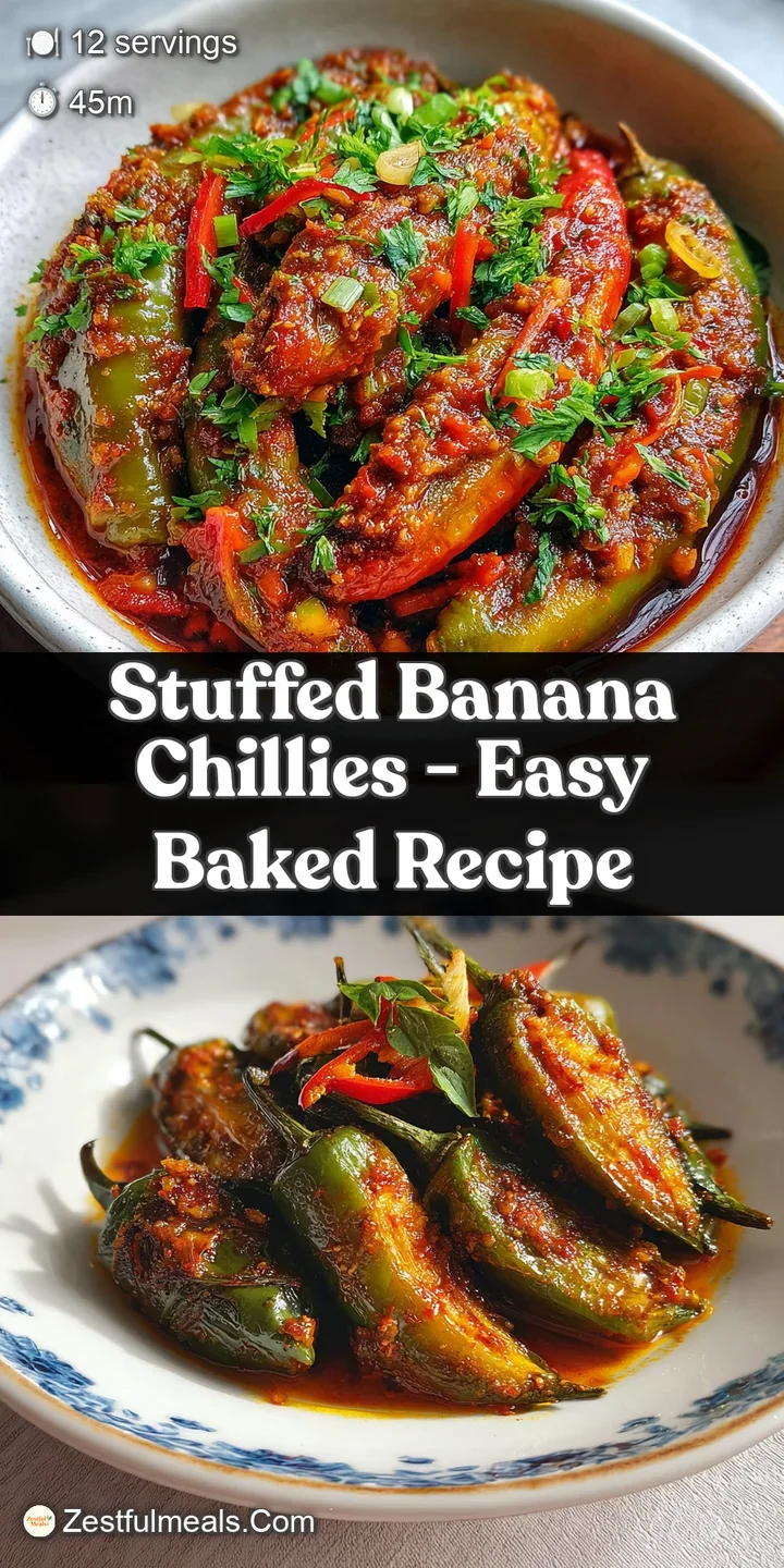 Close-up reveals a glossy, lightly browned chilli pepper, split open to show a flavorful, textured filling of rice and sau...