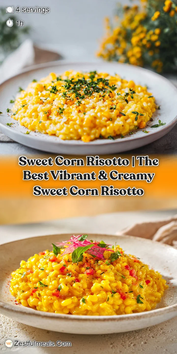 Close-up of rich, creamy sweet corn risotto, individual kernels visible in a buttery, steaming mound.