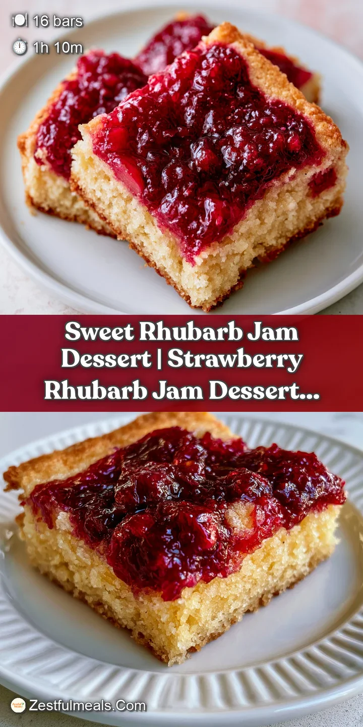 Close-up of vibrant pink rhubarb jam bubbling over a crumbly, toasted oat crust with a buttery, golden glow.