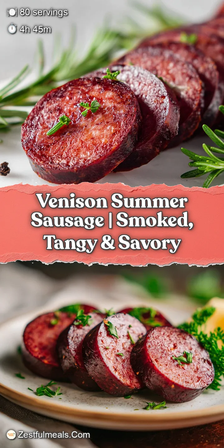 Close-up of a summer sausage slice revealing a slightly oily sheen and visible spices, the texture hinting at a smoky, tan...