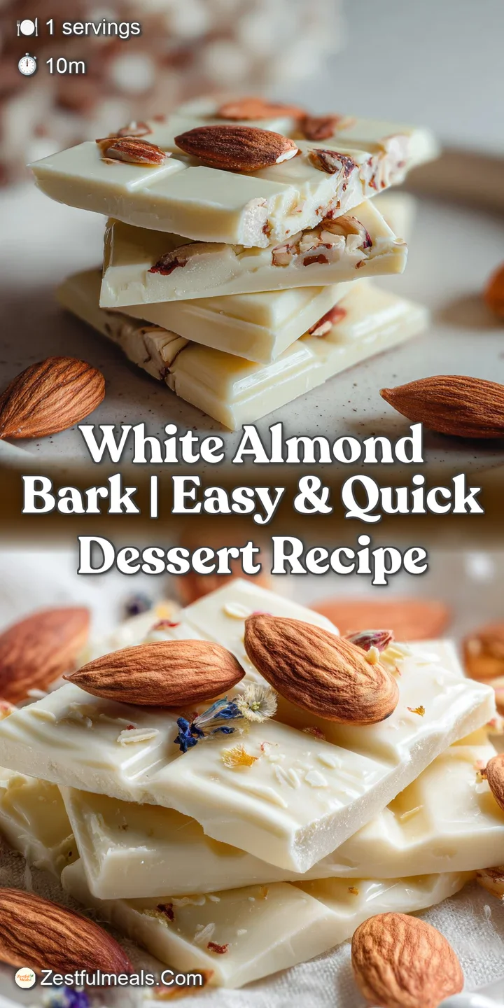 Close-up of fractured almond bark showcasing the smooth, glossy white chocolate and crunchy, golden-brown almonds.