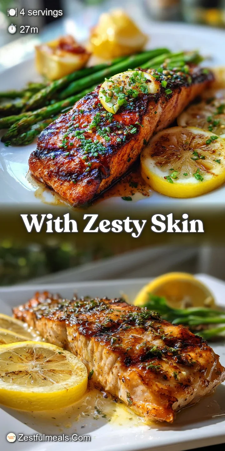 Juicy grilled salmon glistening with lemon butter, showcasing its perfectly cooked texture and appetizing browned edges. D...