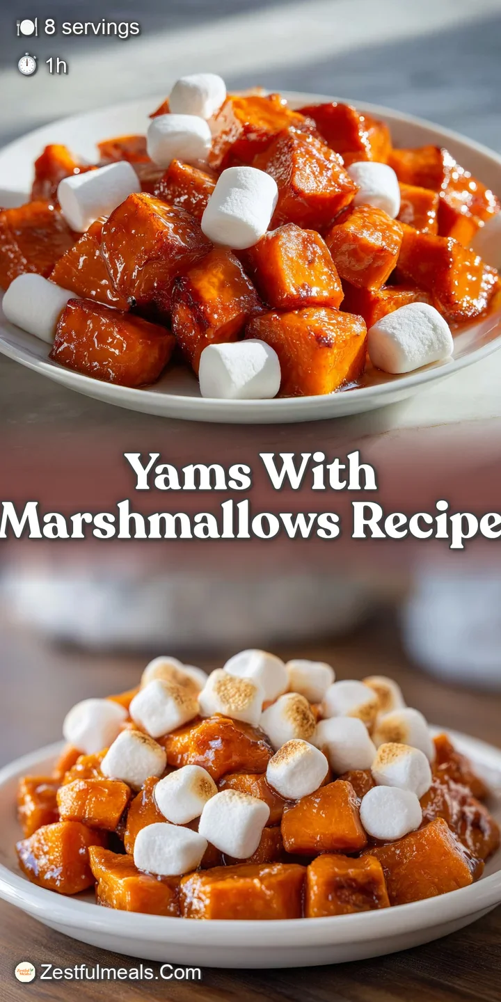 Close-up of a yam casserole: gooey, melted marshmallows with lightly browned, bubbly spots over the vibrant orange yams be...