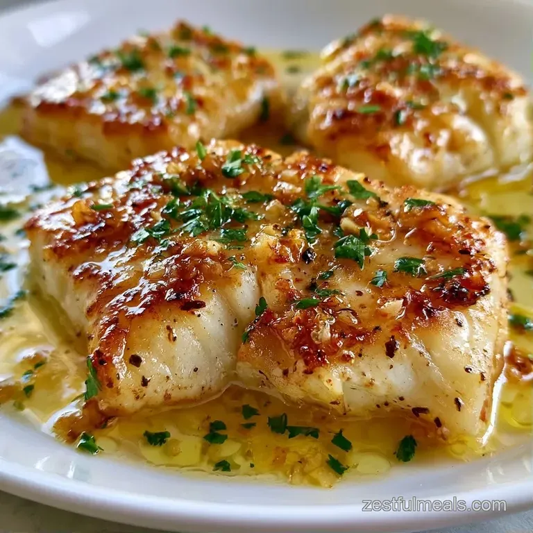 Flaky white fish fillets with golden edges resting on steamed asparagus, drizzled in a glossy garlic butter sauce.