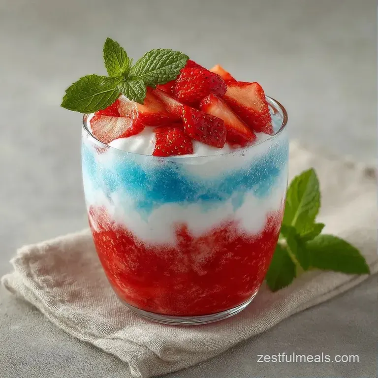 Layered red, white, and blue drink in a sleek glass topped with fresh berries and a sprig of mint on a tray.