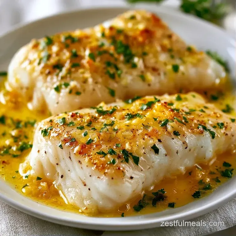 Perfectly plated white fish fillet with a toasted garlic topping, served beside vibrant steamed asparagus.