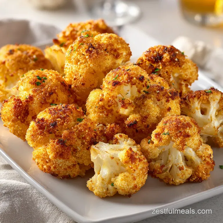 Roasted golden florets piled high in a white ceramic bowl with a side of creamy dip and a sprig of fresh parsley.