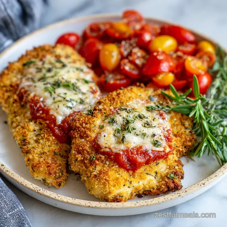 Perfectly plated chicken parmesan: breaded chicken glistening with sauce, topped with melted cheese, and a sprig of fresh ...