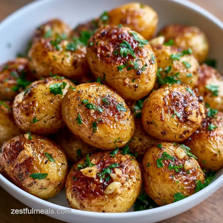 Golden roasted baby potatoes piled high in a white ceramic bowl, finished with a sprinkle of fresh green parsley.