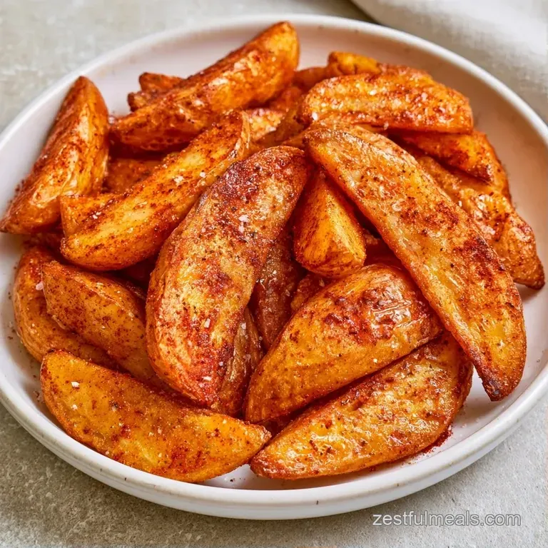 A rustic wooden bowl filled with golden potato wedges, paired with a small side of creamy white garlic aioli dip.