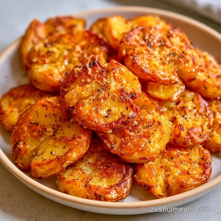 A rustic white platter of golden, flattened potatoes garnished with melted cheese and fresh herb sprigs.