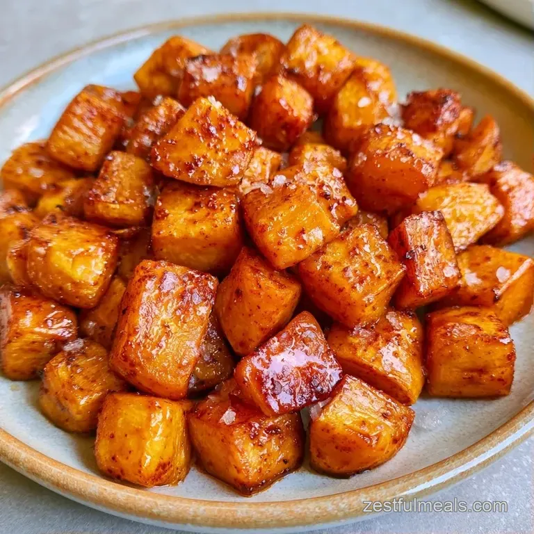 Roasted orange potato cubes piled high in a matte black bowl, garnished with fresh chopped parsley and cracked pepper.
