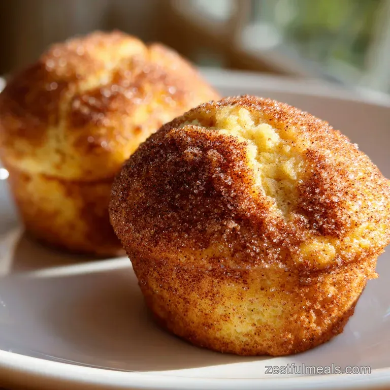 Warm, golden muffins stacked on a white ceramic plate, dusted with cinnamon and paired with fresh apple slices.