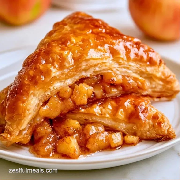 Flaky pastry triangles arranged on a white porcelain plate with a drizzle of caramel and fresh mint leaves.