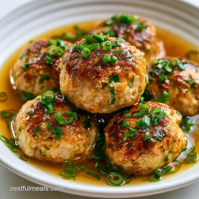 Elegant white bowl filled with savory golden broth, tender meatballs, and fresh greens on a rustic wooden surface.