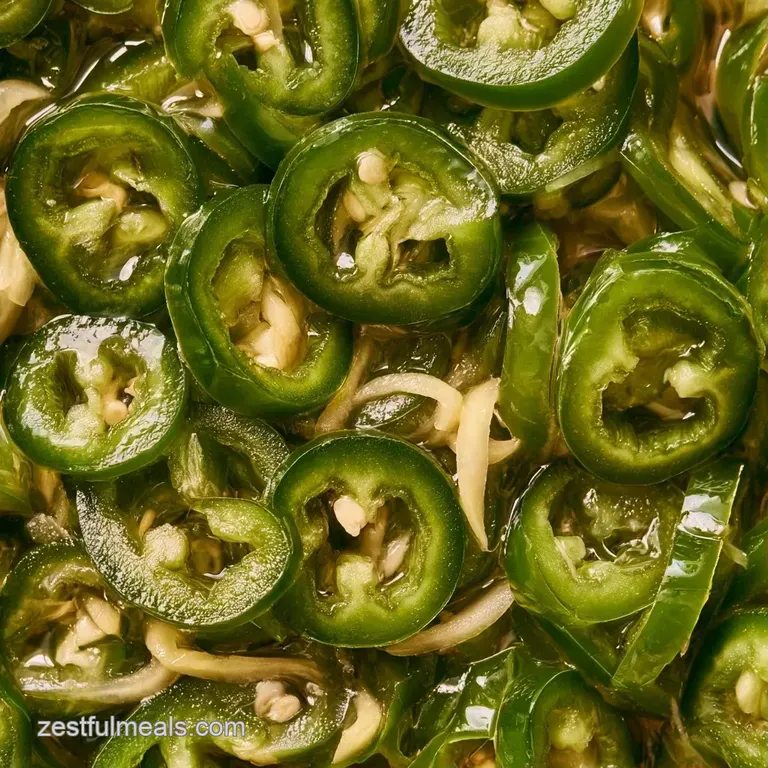 Vibrant green pepper slices arranged in a small ceramic bowl with a glossy sheen and toasted sesame seeds.
