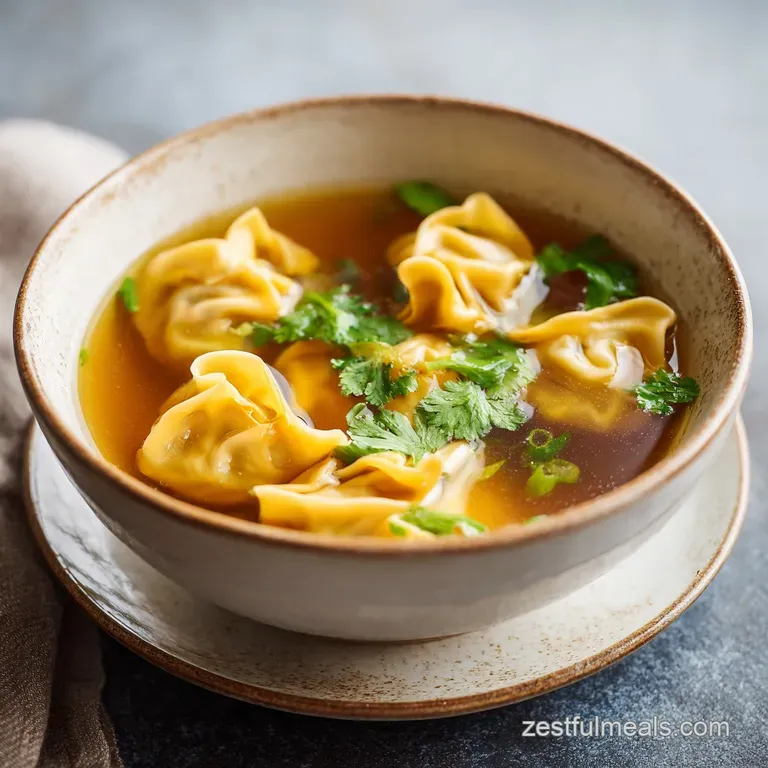 Delicate wontons float in a clear, savory broth, adorned with fresh cilantro sprigs on a ceramic dish.