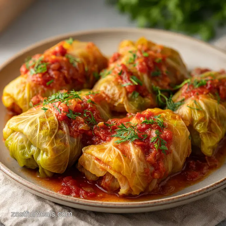 A single, glistening cabbage roll on a plate, draped in bright tomato sauce and fragrant dill, hinting at tender cabbage.