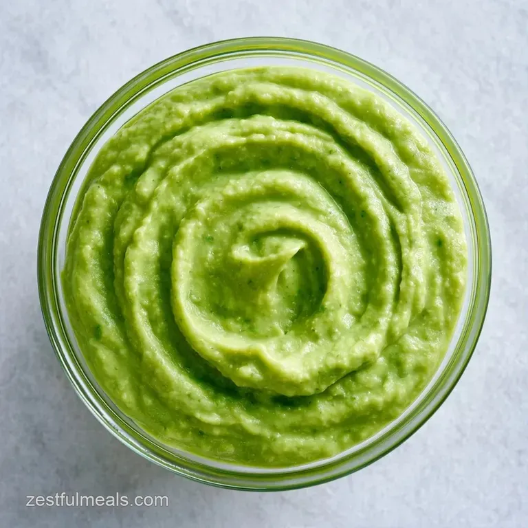 Smooth lime-green sauce in a minimalist ceramic jar beside sliced radishes and crisp corn tortilla chips.