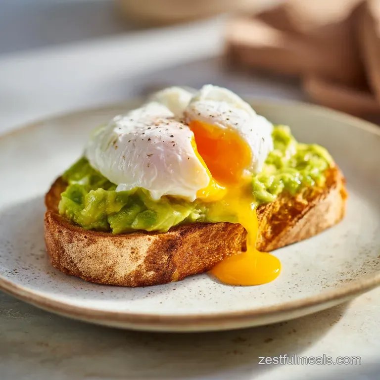 Artfully plated toasted sourdough with bright green avocado mash and a glossy, soft-boiled egg on a white plate.
