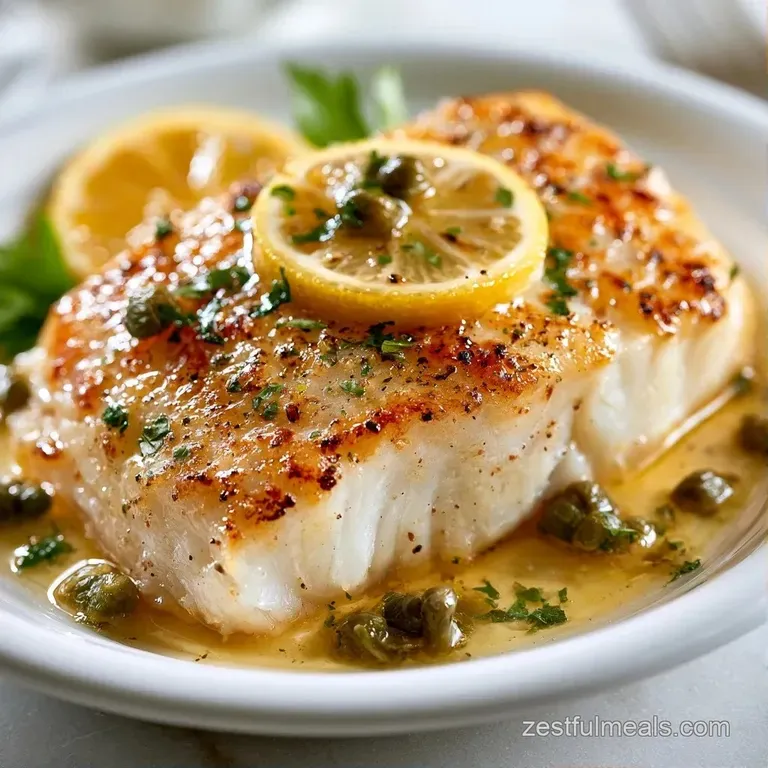 Two tender white fish fillets on a ceramic plate with lemon wheels and fresh parsley garnish on a white tabletop.