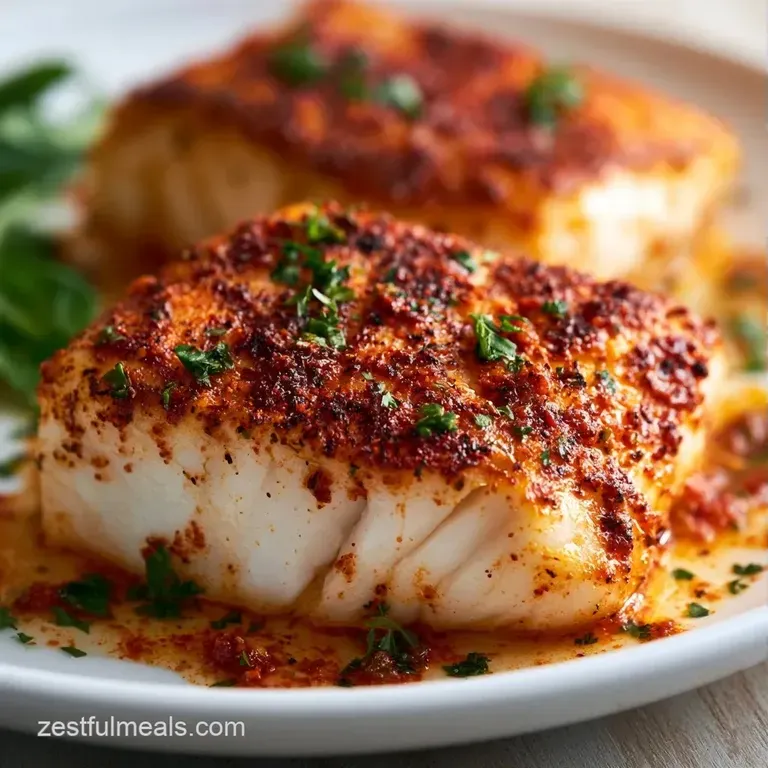 Gently flaked white fish fillets garnished with fresh parsley and lemon, elegantly plated on a dark slate.