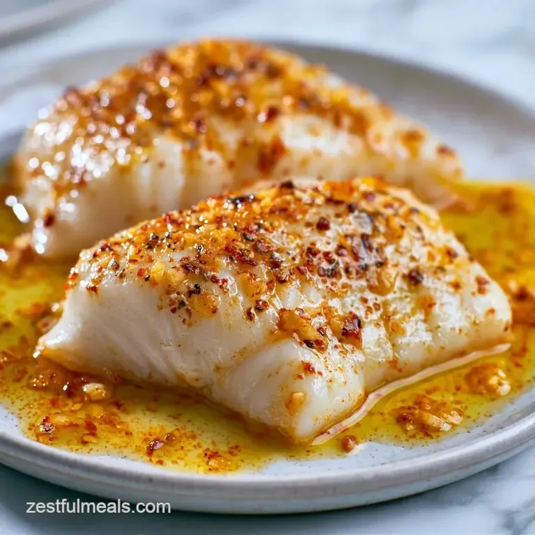 Tender white fish fillets topped with melted garlic butter and red spices, served with lemon slices on a blue plate.