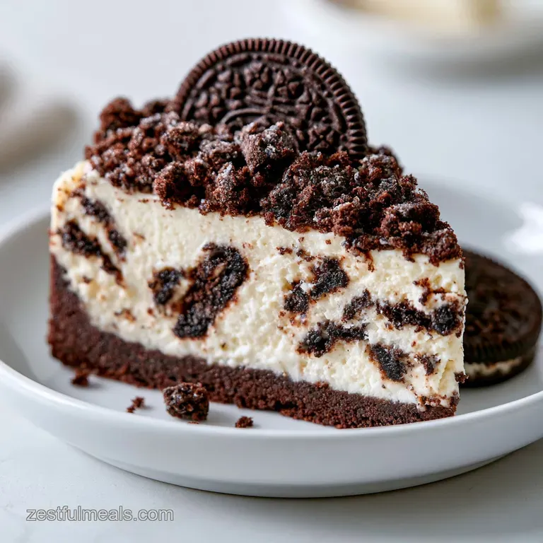 A neat slice of creamy white cheesecake on a black plate, garnished with a whole chocolate sandwich cookie.
