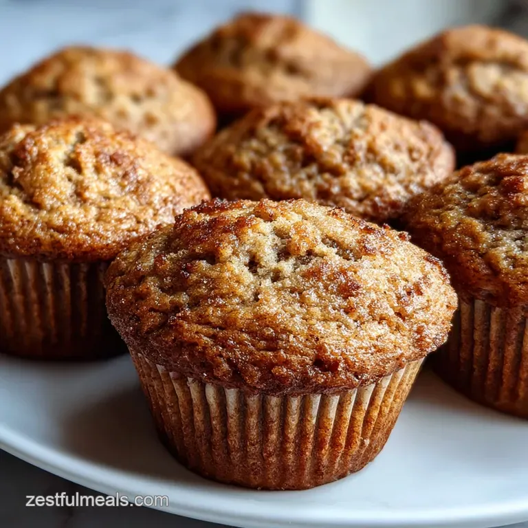 A single banana muffin sits on a linen napkin, its cracked top revealing a soft, moist interior. Streaks of melted sugar ...