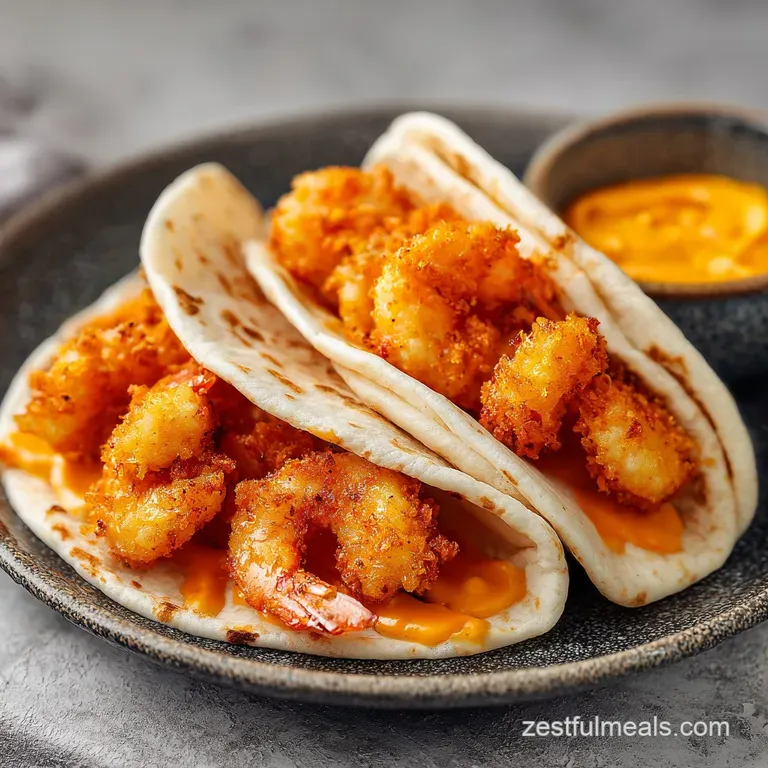 Soft tortillas filled with glazed shrimp and vibrant slaw, served on a white platter with fresh lime wedges.