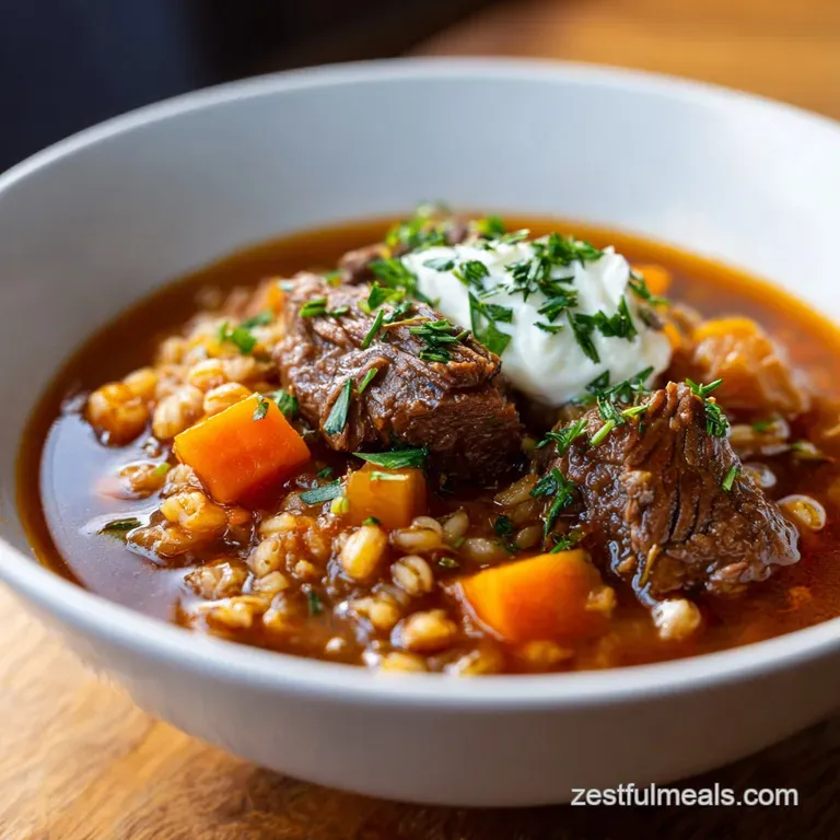 Earthy beef barley soup in a rustic bowl. Glistening broth, tender beef, vibrant vegetables and fresh herbs garnish.