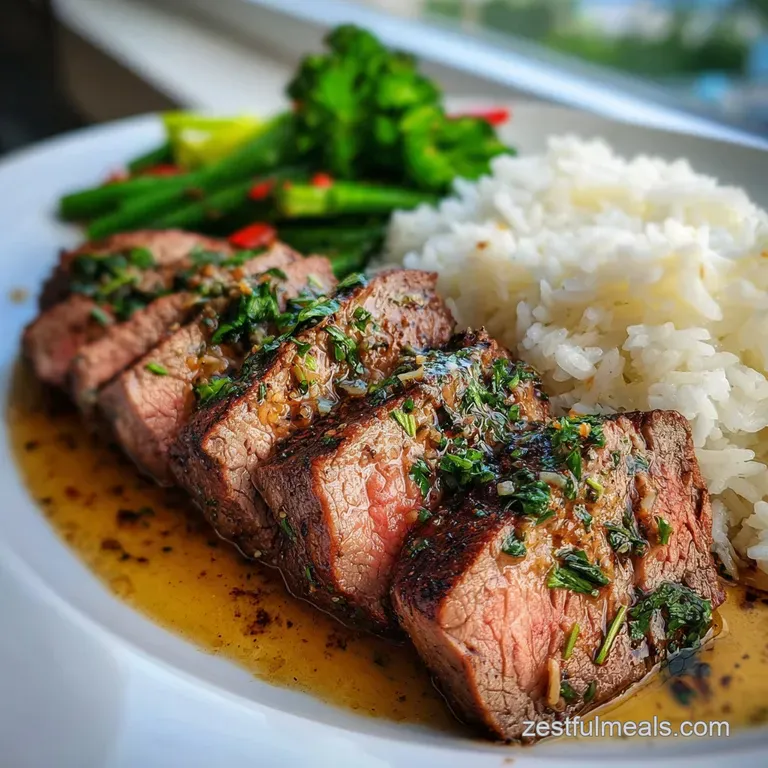 Perfectly seared flat iron steak slices arranged on a white plate, topped with parsley and garlic, alongside vibrant green...