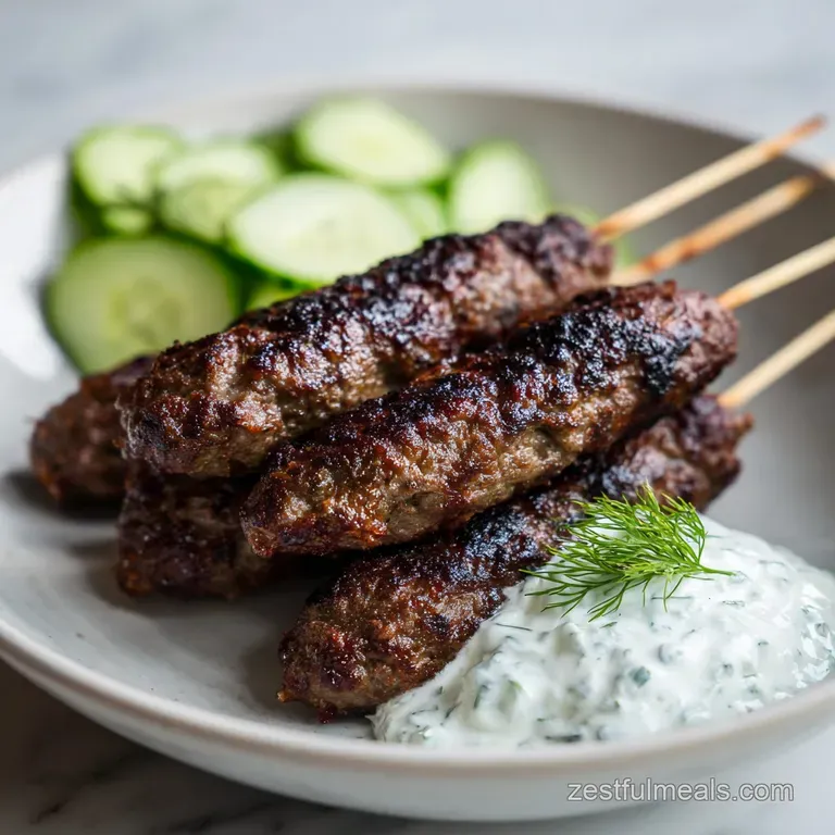 Platter of grilled meat skewers surrounded by bright lemon wedges, sumac-sprinkled onions, and a swirl of white dip.