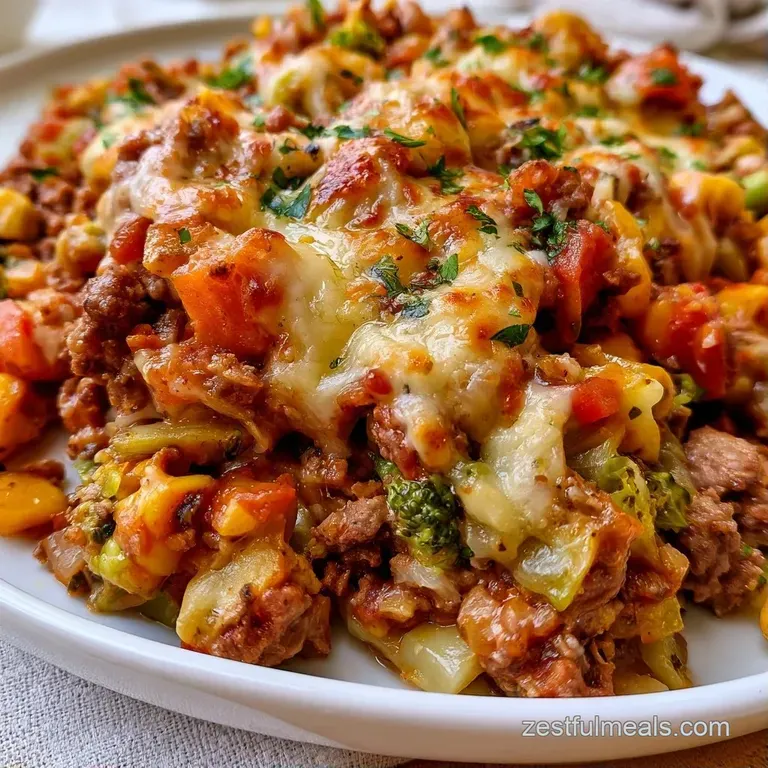 A generous serving of tender beef and colorful vegetables in a white ceramic bowl, topped with fresh green parsley.