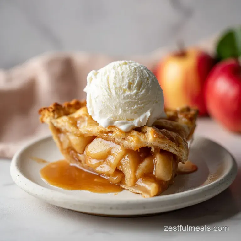 A slice of apple pie with a scoop of melting vanilla ice cream, drizzled with caramel sauce.