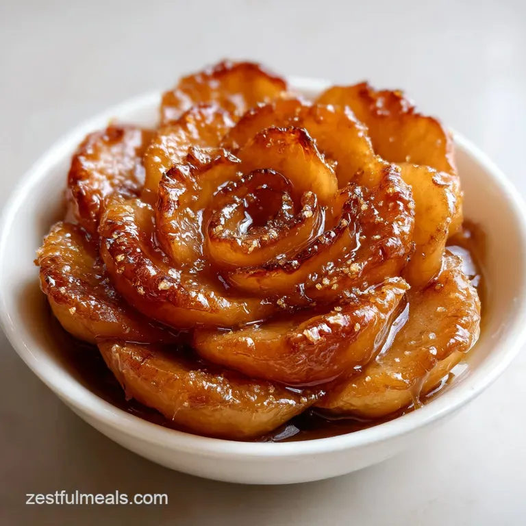 A sliced apple dessert on a white ceramic plate with a scoop of melting vanilla ice cream and a dusting of cinnamon.