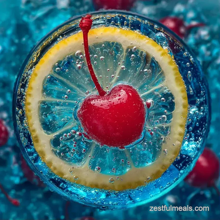 Bright turquoise drink in a tall hurricane glass garnished with a lemon slice on a sunlit wooden table.
