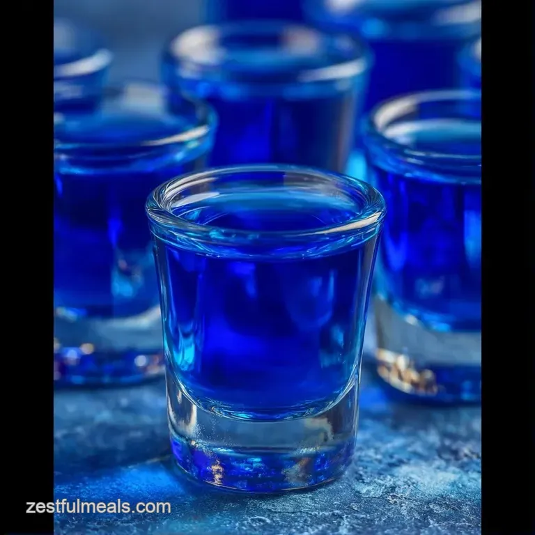 Three electric blue drinks in frosted glasses on a sleek silver tray, accented by fresh raspberries and mint leaves.