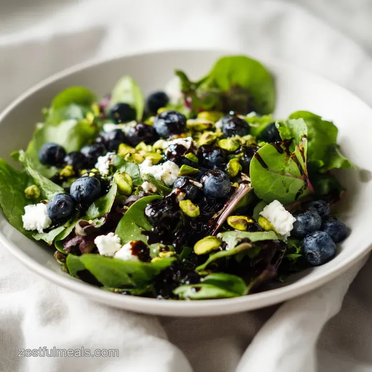 A white ceramic bowl filled with colorful greens, scattering of deep blue berries, and bright green pistachio bits.