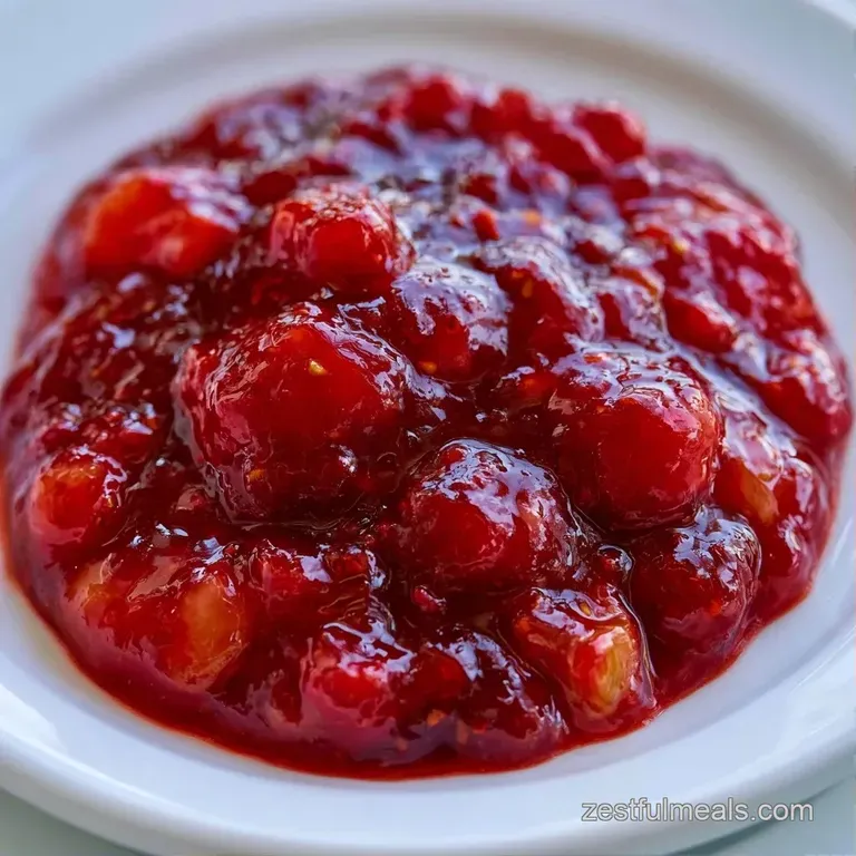 Glossy crimson fruit preserve spread on toasted sourdough with a pat of melting butter and fresh mint leaves.