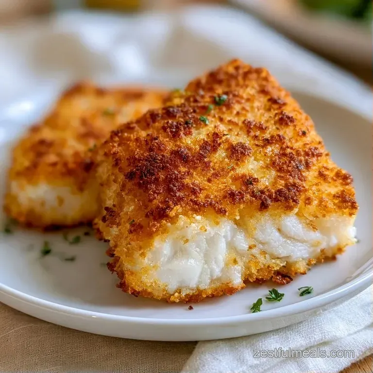Two golden fish fillets plated atop a bed of steamed greens with a lemon wedge and a sprig of fresh green parsley.