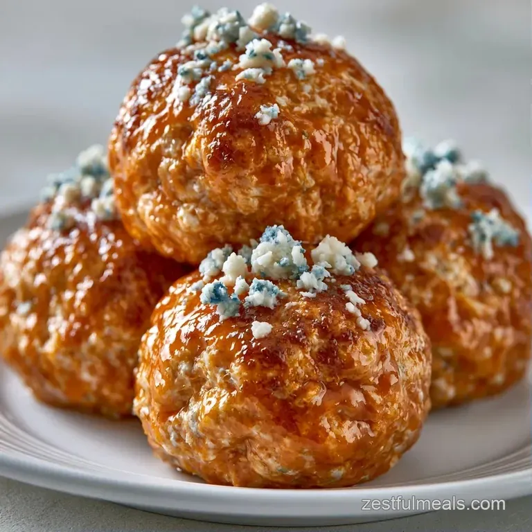 Elegant white platter featuring vibrant orange glazed meatballs topped with fresh greens and blue cheese crumbles.