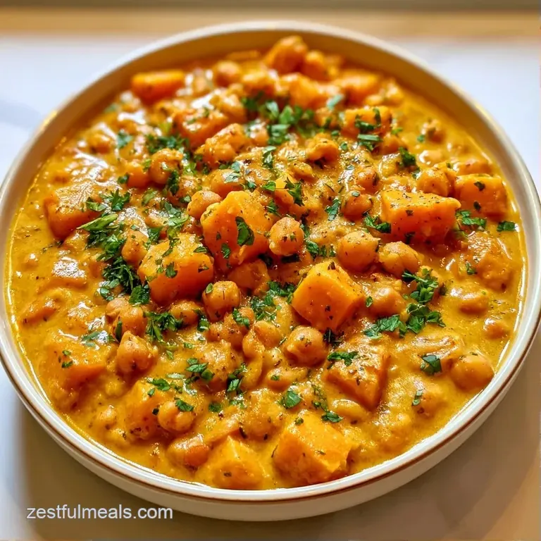 Velvety golden curry in a white bowl garnished with a coconut cream swirl and fresh herbs next to fluffy basmati rice.