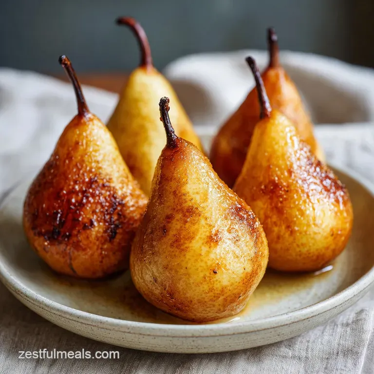 Elegant plated pears, warm brown against creamy white, drizzled with glossy butter sauce and garnished with a fresh sprig ...