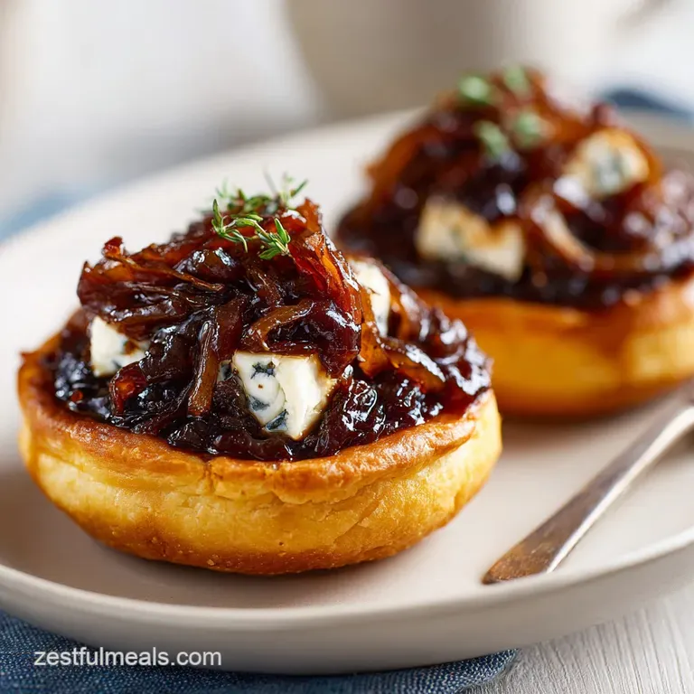 Two savory tarts on a white ceramic plate garnished with fresh thyme sprigs and a drizzle of honey on a linen cloth.