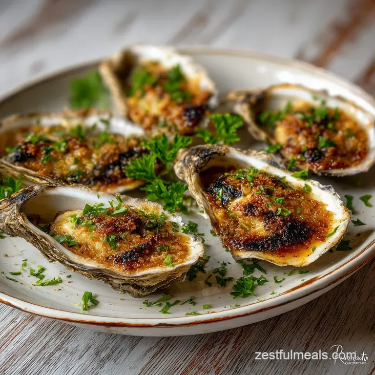Elegant plate of charred oysters, garnished with lemon wedges and parsley sprigs; bubbly butter pools in the crevices.