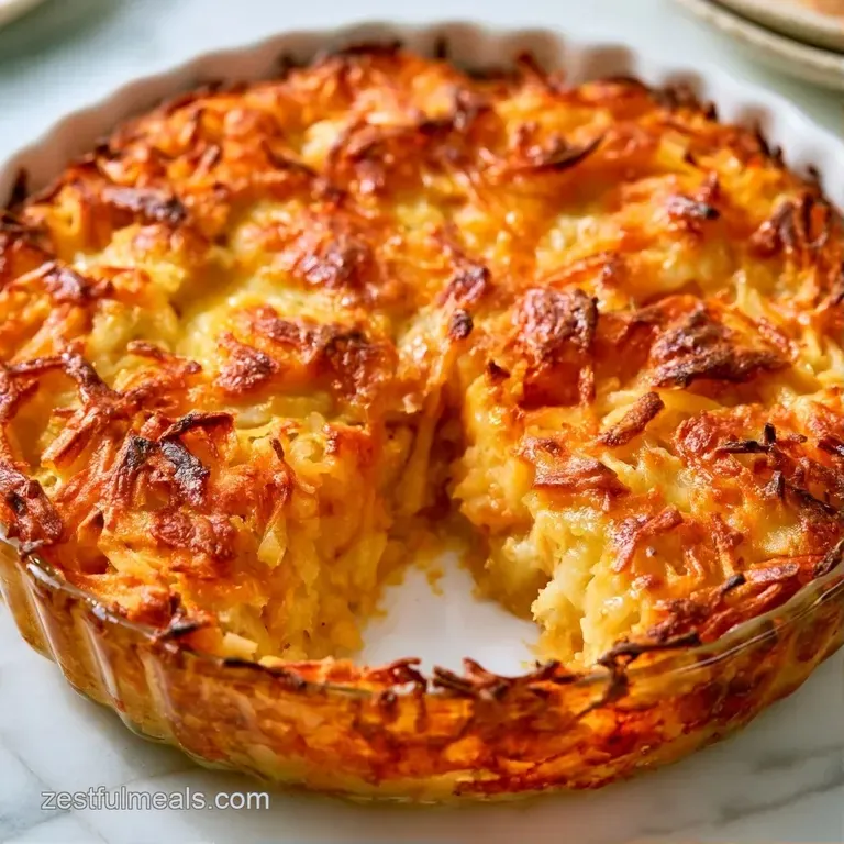 A square slice of cheesy potato bake on a white plate, topped with a swirl of cream and fresh green chives.